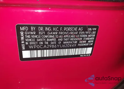 2000 Porsche Boxster z USA, uszkodzony, nr VIN WP0CA2986YU620449